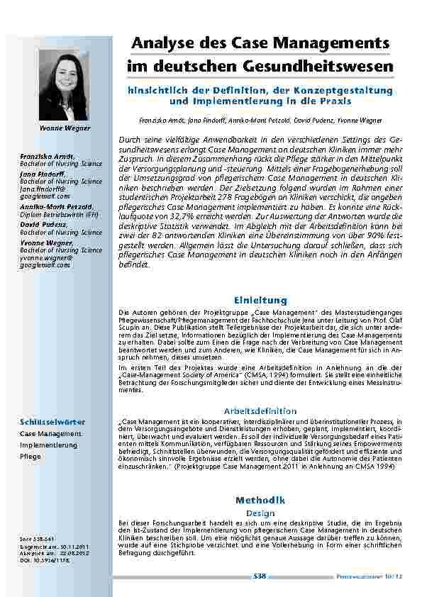 Analyse des Case Managements im deutschen Gesundheitswesen hinsichtlich der Definition, der Konzeptgestaltung und Implementierung in die Praxis