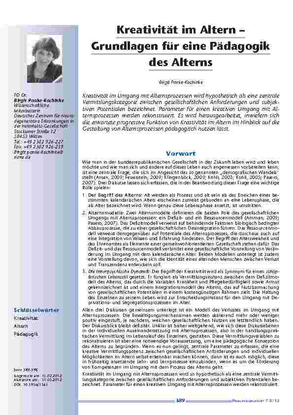 Kreativität im Altern – Grundlagen für eine Pädagogik des Alterns