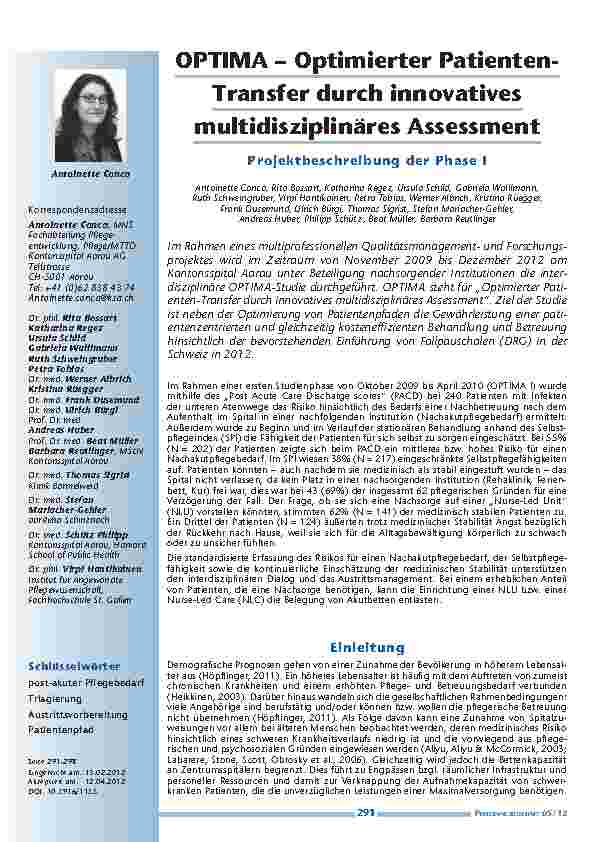 OPTIMA – Optimierter Patienten-Transfer durch innovatives multidisziplinäres Assessment - Projektbeschreibung der Phase I
