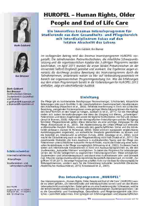 HUROPEL – Human Rights, Older People and End of Life Care – Ein innovatives Erasmus Intensivprogramm für Studierende aus dem Gesundheitsund Pflegebereich mit interdisziplinärem Fokus auf den letzten Abschnitt des Lebens
