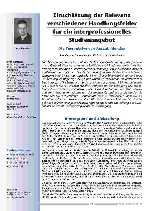 Einschätzung der Relevanz verschiedener Handlungsfelder für ein interprofessionelles Studienangebot: Die Perspektive von Auszubildenden