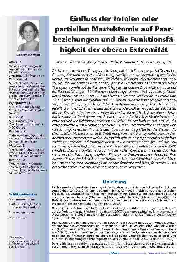 Einfluss der totalen oder partiellen Mastektomie auf Paarbeziehungen und die Funktionsfähigkeit der oberen Extremität