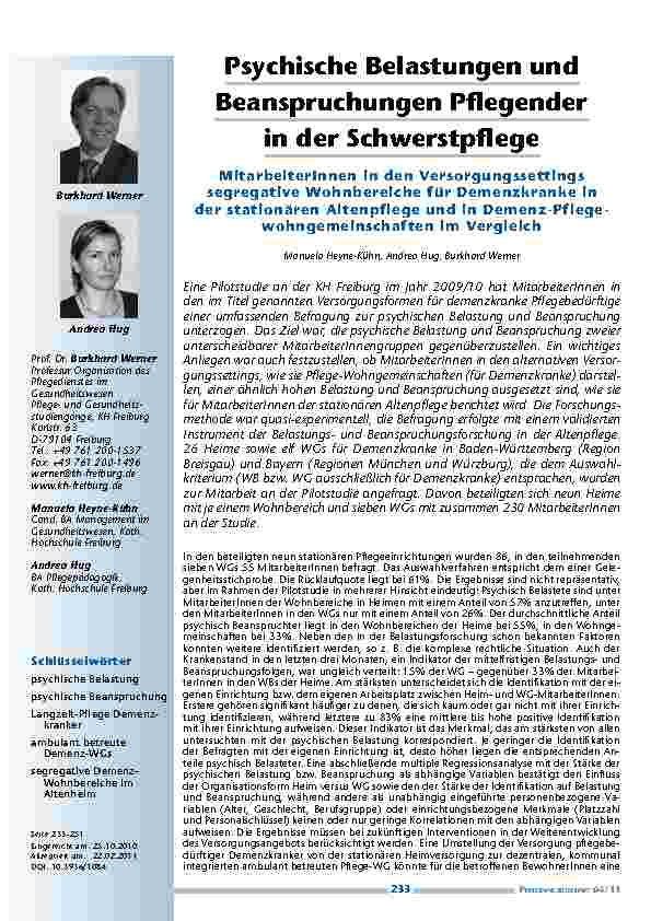 [doc_201145] Psychische Belastungen und Beanspruchungen Pflegender in der Schwerstpflege – MitarbeiterInnen in den Versorgungssettings segregative Wohnbereiche für Demenzkranke in der stationären Altenpflege und in Demenz-Pflegewohngemeinschaften im Vergleich