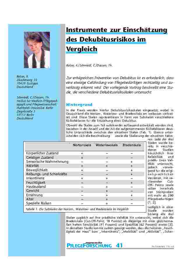 Instrumente zur Einschätzung des Dekubitusrisikos im Vergleich