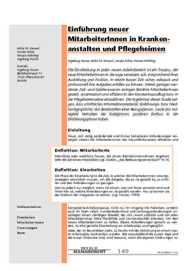 Einführung neuer MitarbeiterInnen in Krankenanstalten und Pflegeheimen