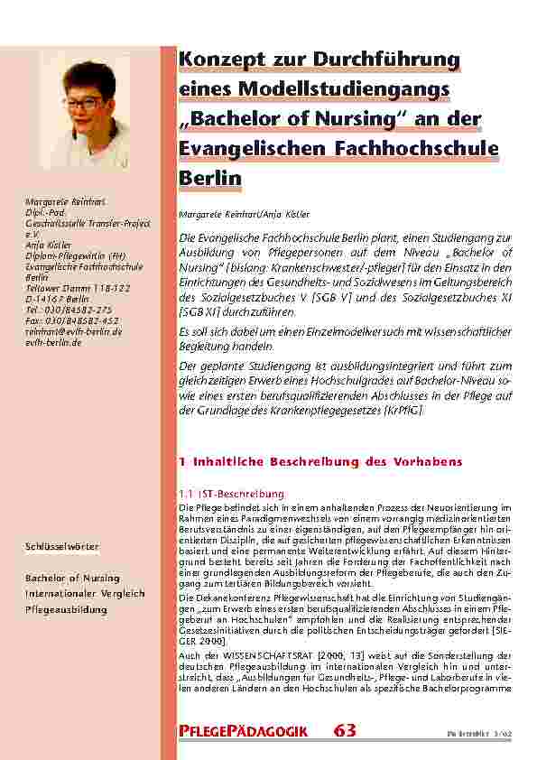 Konzept zur Durchführung eines Modellstudiengangs „Bachelor of Nursing“ an der Evangelischen Fachhochschule Berlin