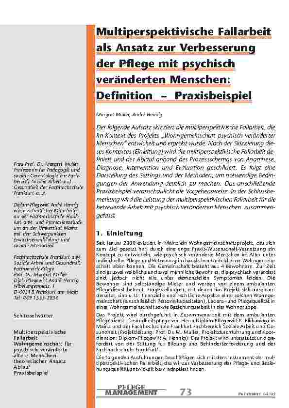 Multiperspektivische Fallarbeit als Ansatz zur Verbesserung der Pflege mit psychisch veränderten Menschen: Definition – Praxisbeispiel