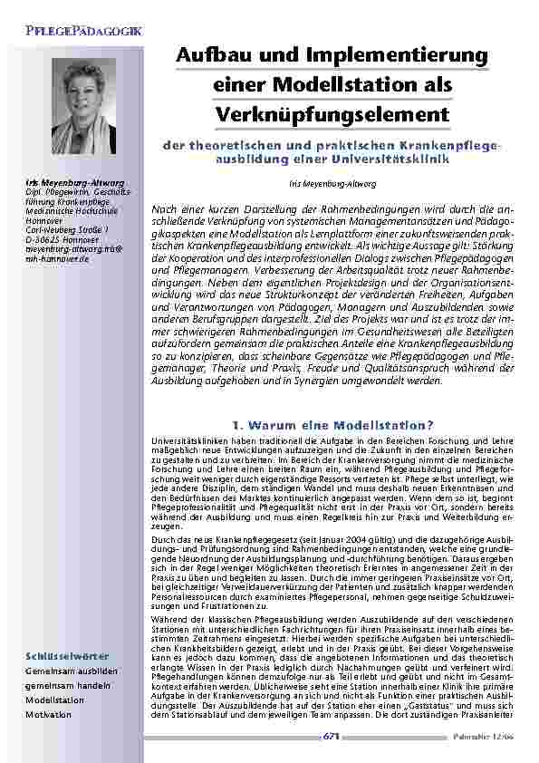 Aufbau und Implementierungeiner Modellstation alsVerknüpfungselementder theoretischen und praktischen Krankenpflegeausbildungeiner Universitätsklinik