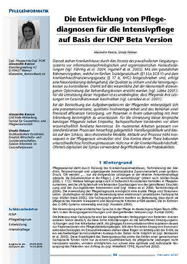 Die Entwicklung von Pflegediagnosen für die Intensivpflegeauf Basis der ICNP Beta Version