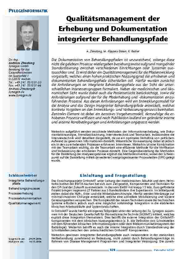 Qualitätsmanagement derErhebung und Dokumentationintegrierter Behandlungspfade