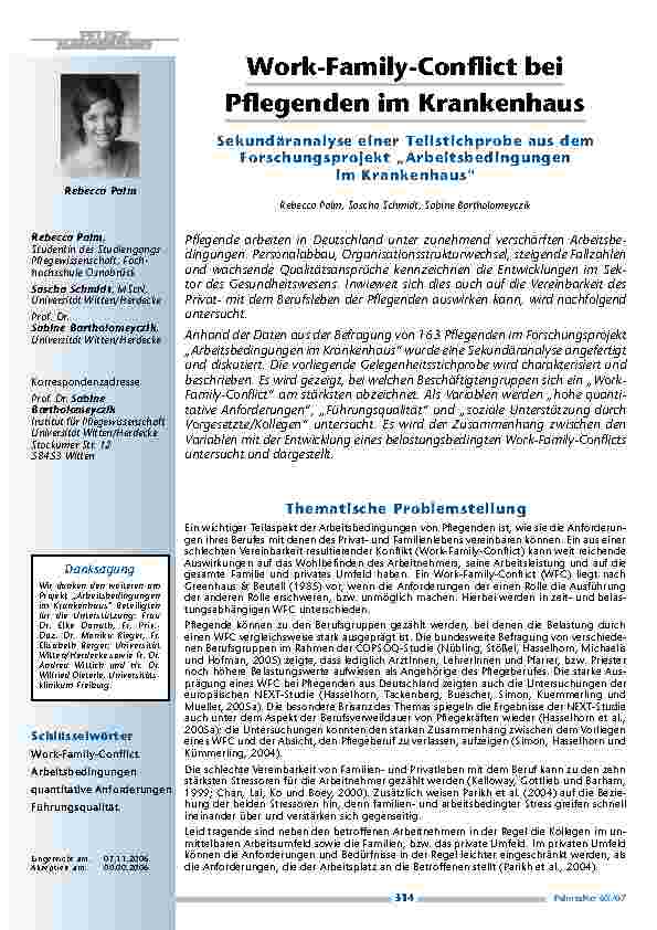 Work-Family-Conflict beiPflegenden im Krankenhaus - Sekundäranalyse einer Teilstichprobe aus demForschungsprojekt „Arbeitsbedingungenim Krankenhaus“