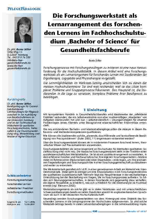 Die Forschungswerkstatt alsLernarrangement des forschendenLernens im Fachhochschulstudium‚Bachelor of Science’ fürGesundheitsfachberufe