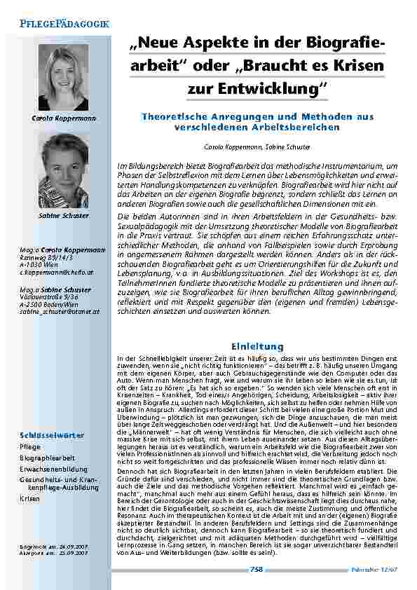 „Neue Aspekte in der Biografiearbeit“ oder „Braucht es Krisen zur Entwicklung“? Theoretische Anregungen und Methoden aus verschiedenen Arbeitsbereichen