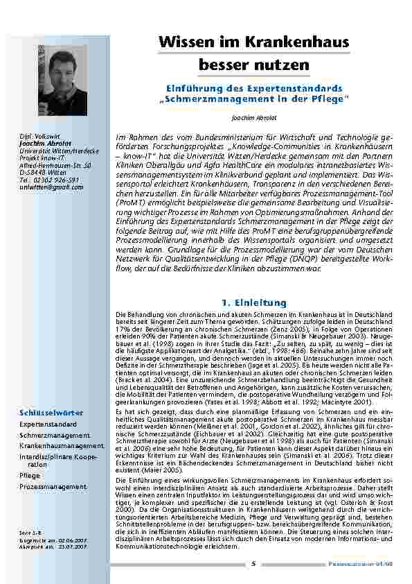 Wissen im Krankenhaus besser nutzen: Einführung des Expertenstandards „Schmerzmanagement in der Pflege“