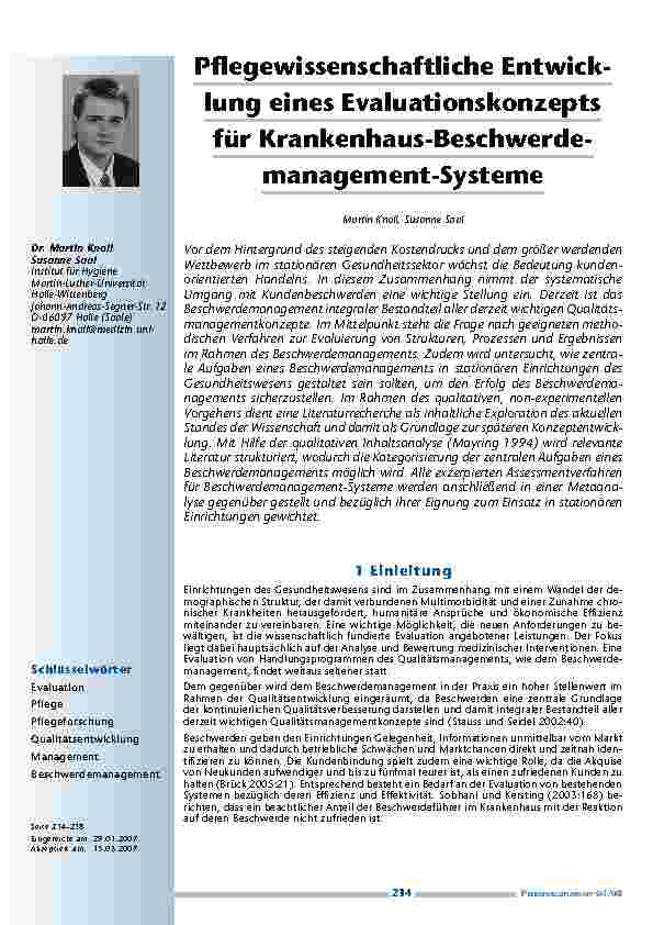 Pflegewissenschaftliche Entwicklung eines Evaluationskonzepts für Krankenhaus-Beschwerdemanagement-Systeme