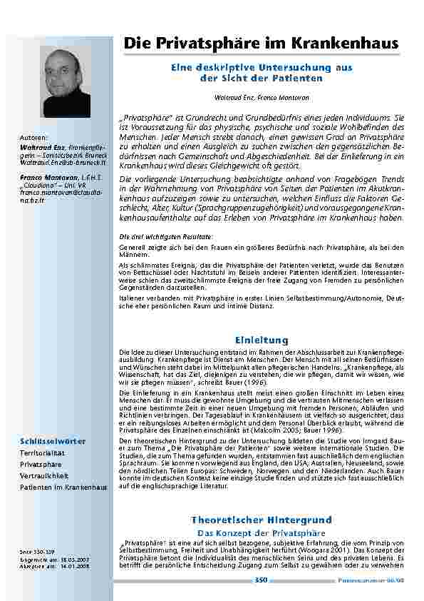 Die Privatsphäre im Krankenhaus. Eine deskriptive Untersuchung ausder Sicht der Patienten