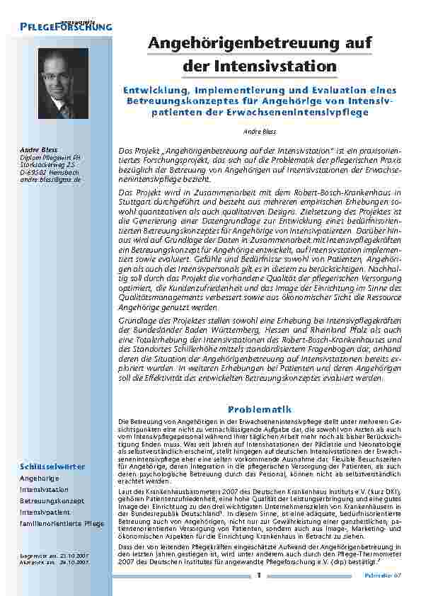 Angehörigenbetreuung auf der Intensivstation – Entwicklung, Implementierung und Evaluation einesBetreuungskonzeptes für Angehörige von Intensivpatientender Erwachsenenintensivpflege