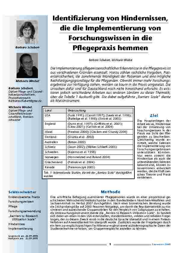 [doc_200205] Identifizierung von Hindernissen, die die Implementierung von Forschungswissen in die Pflegepraxis hemmen