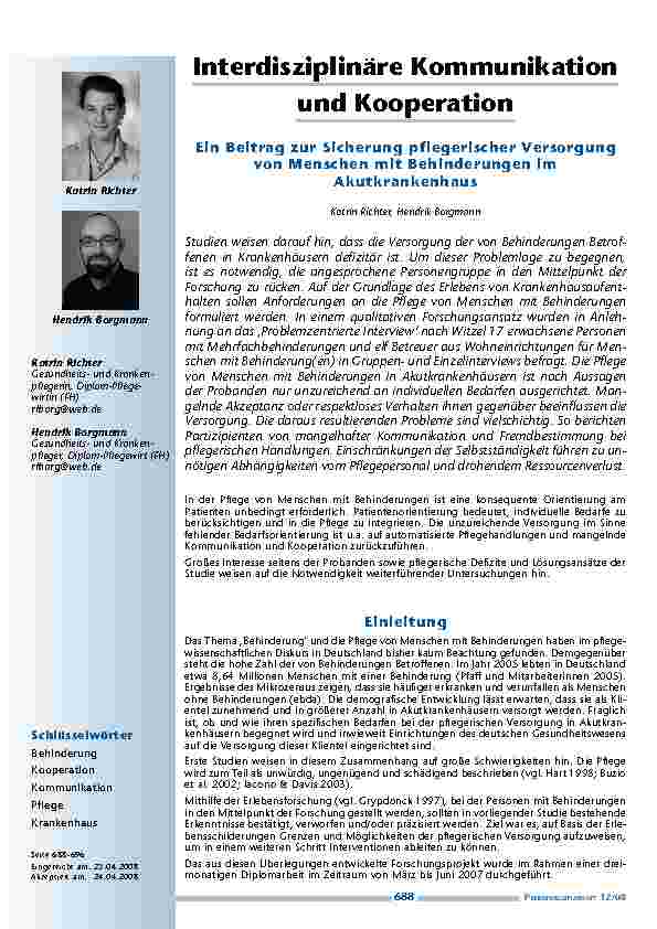 [doc_200185] Interdisziplinäre Kommunikation und Kooperation. Ein Beitrag zur Sicherung pflegerischer Versorgung von Menschen mit Behinderungen im Akutkrankenhaus