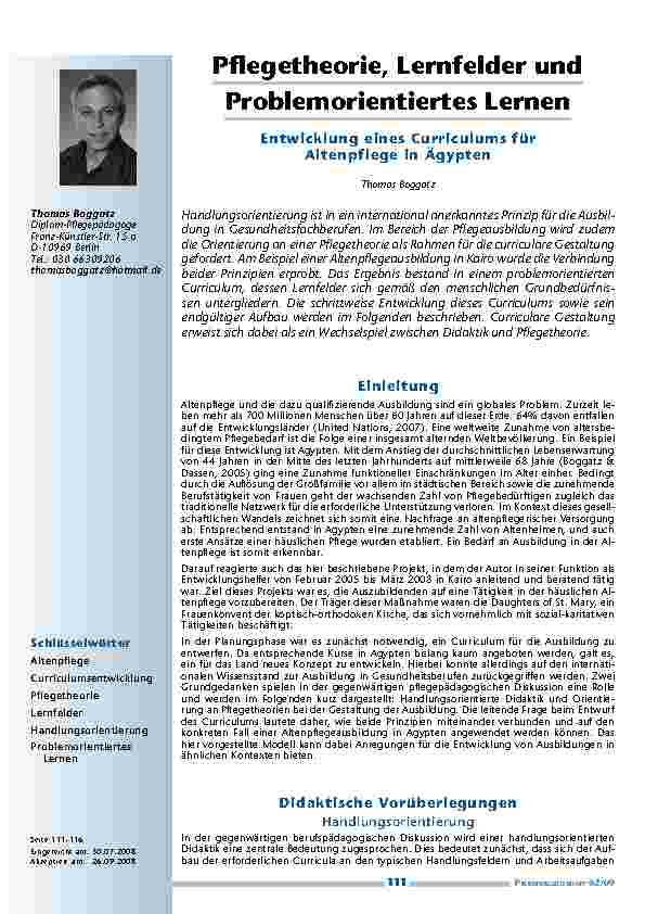 Pflegetheorie, Lernfelder und Problemorientiertes Lernen – Entwicklung eines Curriculums für Altenpflege in Ägypten