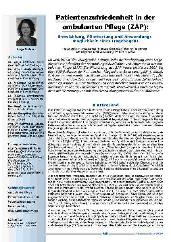 Patientenzufriedenheit in der ambulanten Pflege (ZAP): Entwicklung, Pilottestung und Anwendungs-möglichkeit eines Fragebogens