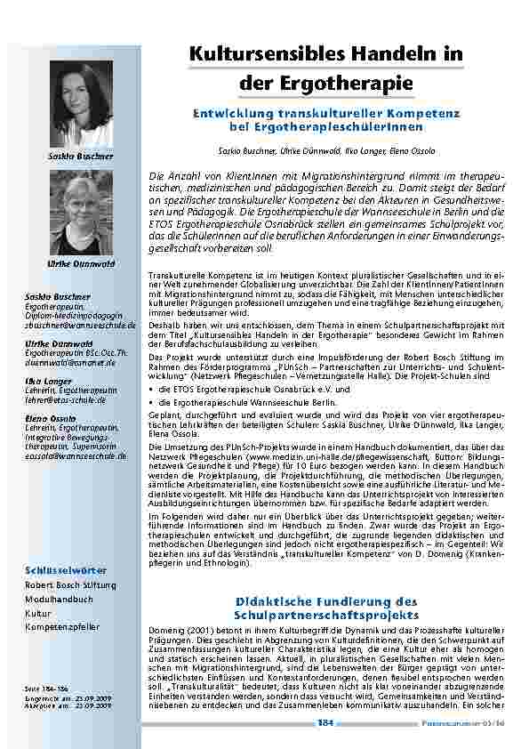 Kultursensibles Handeln in der Ergotherapie – Entwicklung transkultureller Kompetenz bei ErgotherapieschülerInnen