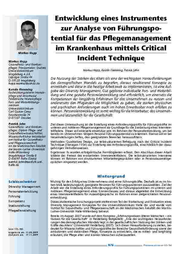 Entwicklung eines Instrumentes zur Analyse von Führungspotential für das Pflegemanagement im Krankenhaus mittels Critical Incident Technique