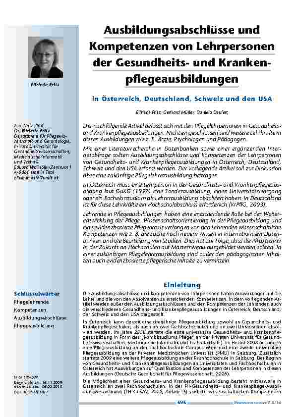 Ausbildungsabschlüsse und Kompetenzen von Lehrpersonen der Gesundheitsund Krankenpflegeausbildungen in Österreich, Deutschland, Schweiz und den USA