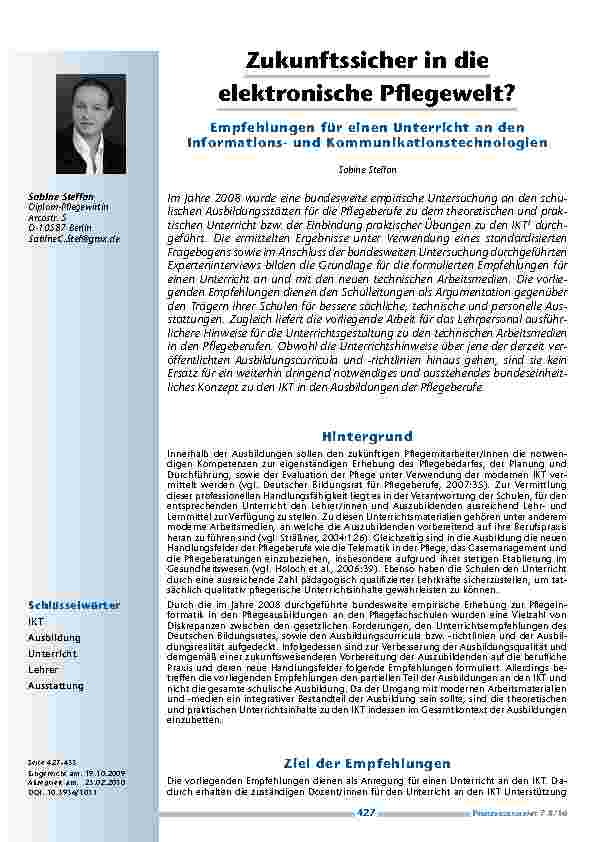 Zukunftssicher in die elektronische Pflegewelt? Empfehlungen für einen Unterricht an den Informationsund Kommunikationstechnologien