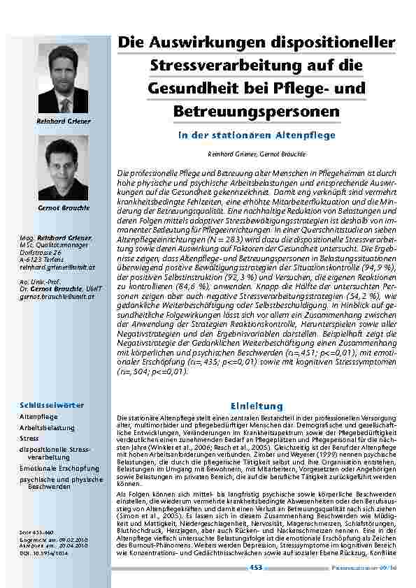 Die Auswirkungen dispositioneller Stressverarbeitung auf die Gesundheit bei Pflegeund Betreuungspersonen in der stationären Altenpflege
