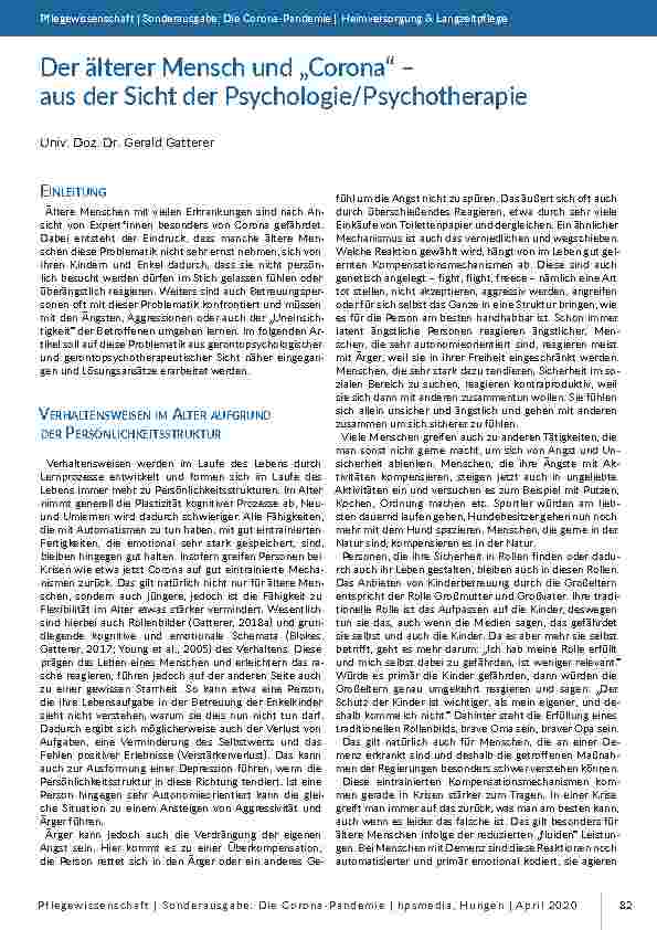 Der ältere Mensch und „Corona“ – aus der Sicht der Psychologie/Psychotherapie