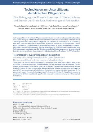 Technologien zur Unterstützung der klinischen Pflegepraxis Eine Befragung von Pflegefachpersonen in Niedersachsen und Bremen zur Einstellung, Verbreitung und Partizipation