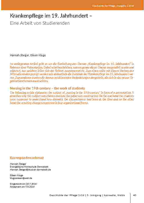 Krankenpflege im 19. Jahrhundert – Eine Arbeit von Studierenden