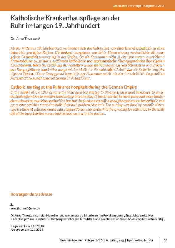 Katholische Krankenhauspflege an der Ruhr im langen 19. Jahrhundert