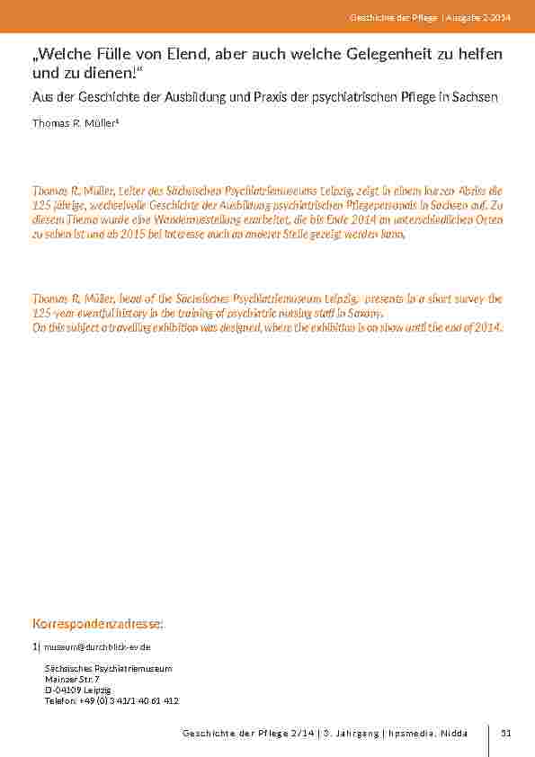 „Welche Fülle von Elend, aber auch welche Gelegenheit zu helfen und zu dienen!“. Aus der Geschichte der Ausbildung und Praxis der psychiatrischen Pflege in Sachsen