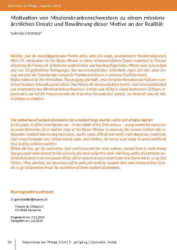 Motivation von Missionskrankenschwestern zu einem missionsärztlichen Einsatz und Bewährung dieser Motive an der Realität