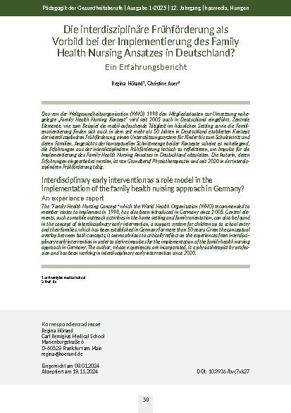 Die interdisziplinäre Frühförderung als Vorbild bei der Implementierung des Family Health Nursing Ansatzes in Deutschland? Ein Erfahrungsbericht