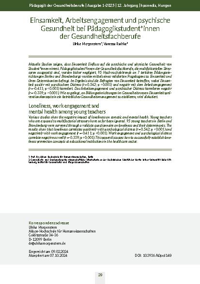 Einsamkeit, Arbeitsengagement und psychische Gesundheit bei Pädagogikstudent*innen der Gesundheitsfachberufe