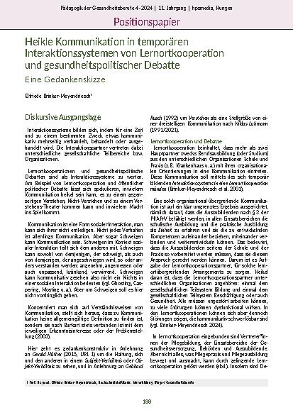 Heikle Kommunikation in temporären Interaktionssystemen von Lernortkooperation und gesundheitspolitischer Debatte - Eine Gedankenskizze