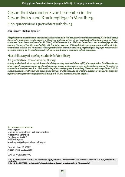 Gesundheitskompetenz von Lernenden in der Gesundheitsund Krankenpflege in Vorarlberg: Eine quantitative Querschnittserhebung