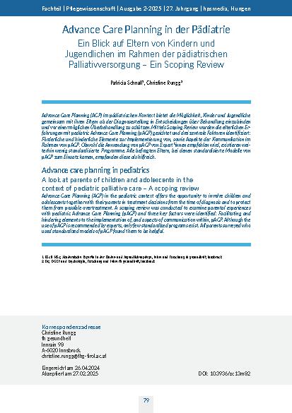 Advance Care Planning in der Pädiatrie Ein Blick auf Eltern von Kindern und Jugendlichen im Rahmen der pädiatrischen Palliativversorgung – Ein Scoping Review