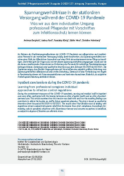 Spannungsverhältnisse in der stationären Versorgung während der COVID-19 Pandemie Was wir aus dem individuellen Umgang professionell Pflegender mit Vorschriften zum Infektionsschutz lernen können