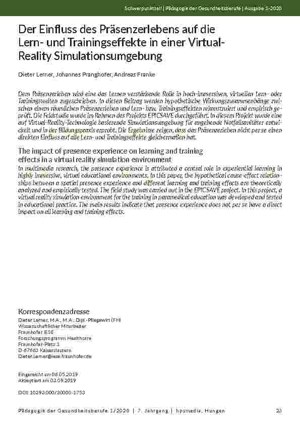 Der Einfluss des Präsenzerlebens auf die Lernund Trainingseffekte in einer Virtual-Reality-Simulationsumgebung