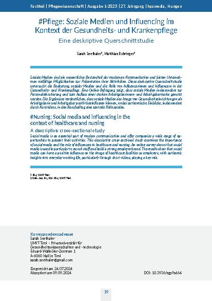 #Pflege: Soziale Medien und Influencing im Kontext der Gesundheitsund Krankenpflege Eine deskriptive Querschnittstudie