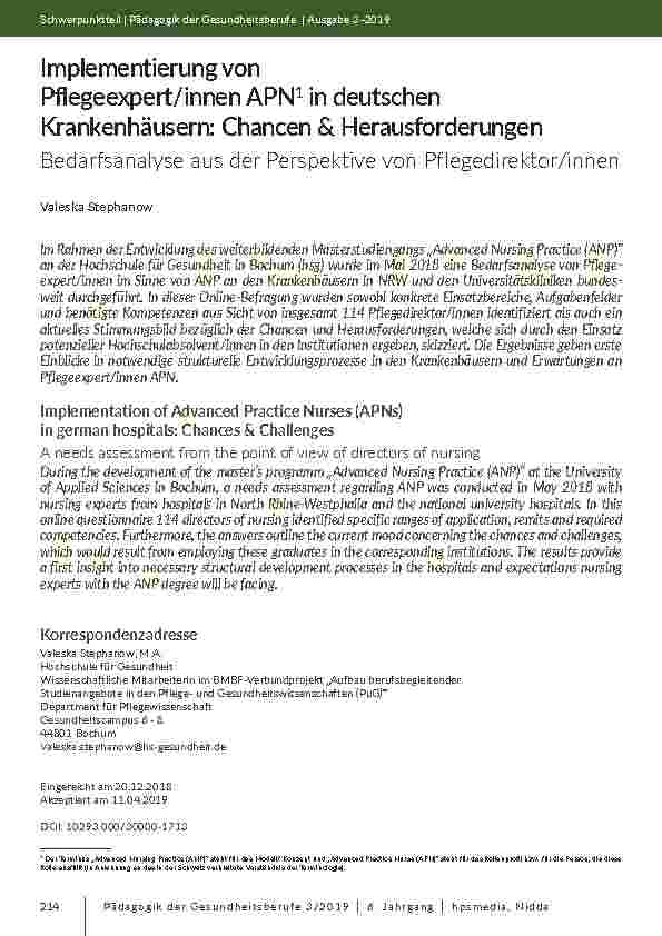 Implementierung von Pflegeexpert/innen APN1 in deutschen Krankenhäusern: Chancen & Herausforderungen
