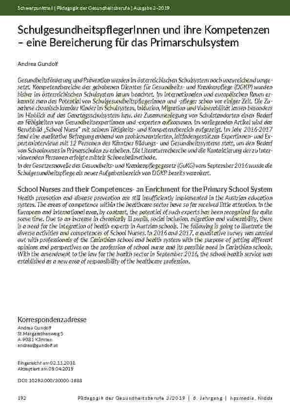SchulgesundheitspflegerInnen und ihre Kompetenzen – eine Bereicherung für das Primarschulsystem