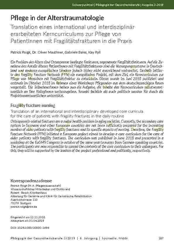 Pflege in der Alterstraumatologie. Translation eines international und interdisziplinär erarbeiteten Kerncurriculums zur Pflege von PatientInnen mit Fragilitätsfrakturen in die Praxis