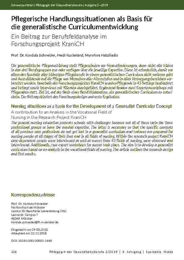 Pflegerische Handlungssituationen als Basis für die generalistische Curriculumentwicklung. Ein Beitrag zur Berufsfeldanalyse im Forschungsprojekt KraniCH