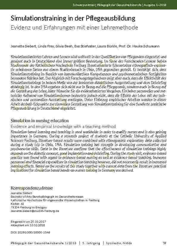 [doc_202058] Simulationstraining in der Pflegeausbildung. Evidenz und Erfahrungen mit einer Lehremethode