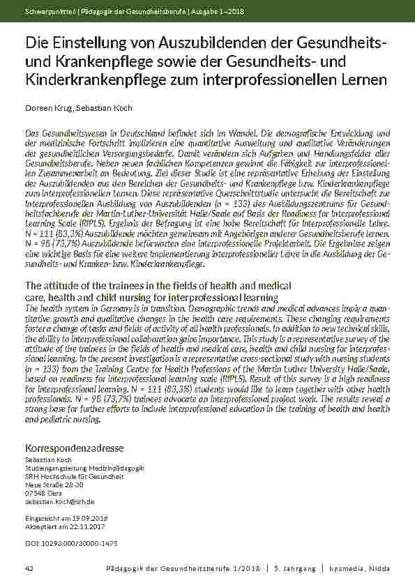 Die Einstellung von Auszubildenden der Gesundheitsund Krankenpflege sowie der Gesundheitsund Kinderkrankenpflege zum interprofessionellen Lernen